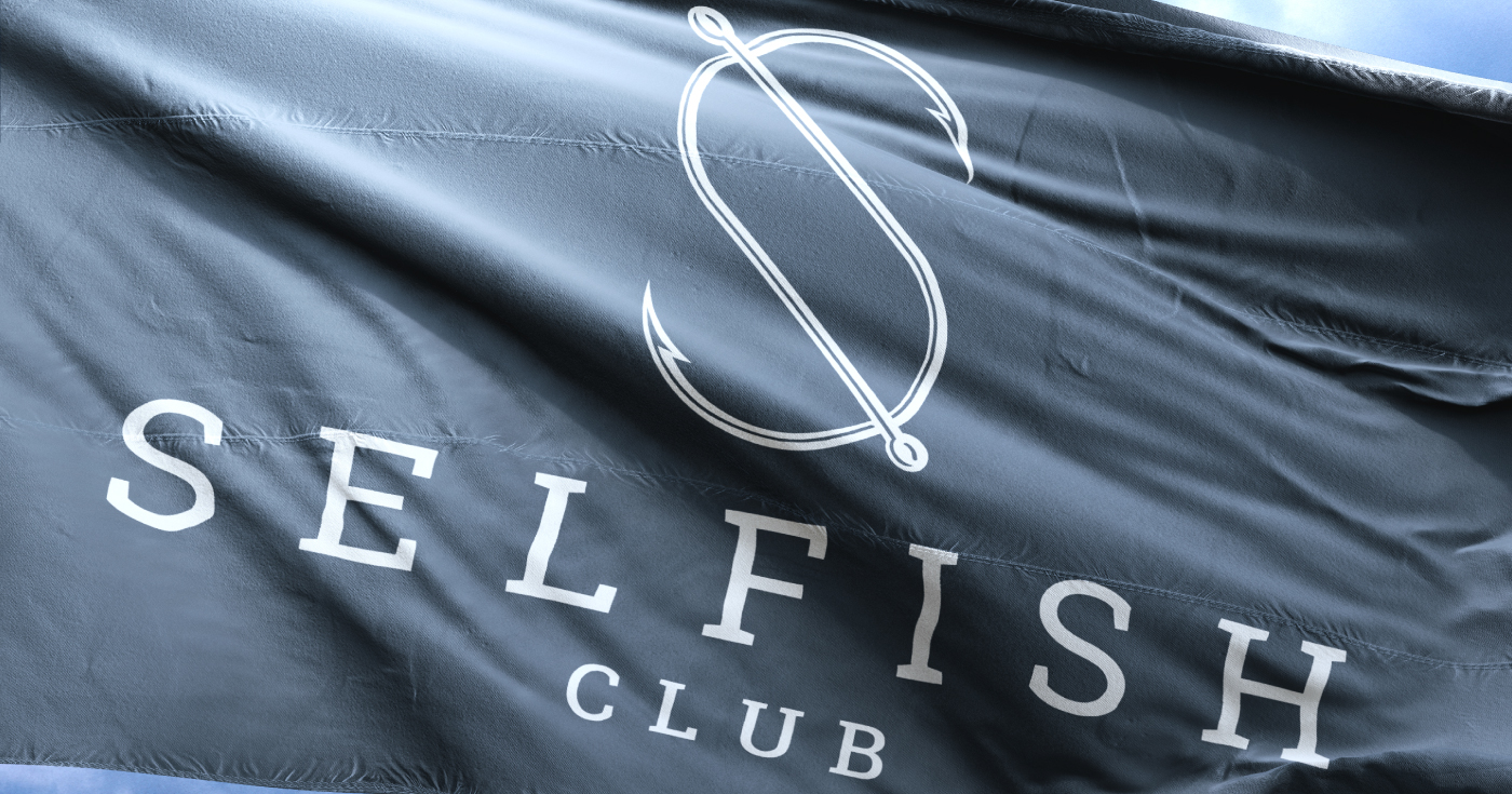 SELFISH Club-自私的美味俱乐部-乡村钓鱼俱乐部品牌设计。沉稳暗色调类似于水面和鱼鳞,两个交叉的金属挂钩 - 将紧张而舒适的心情代表出来。---酷图编号2