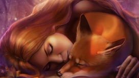 与狐狸睡在一起的长金发美女壁纸