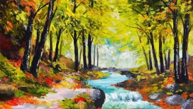 美丽的秋季河油画壁纸