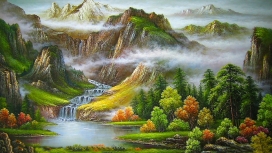 高清晰印花雾湖峰风景画壁纸