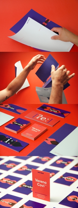 voice-语音训练品牌设计-50个不同的版本的名片显示，密集的紫色和橙色色调，让整个设计展示一种独特的方式