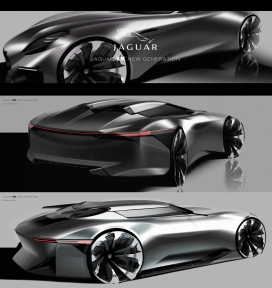 捷豹XK新一代轿跑车设计-优雅的造型，长线形图形使得车辆宽，而且更运动魅力，没有太复杂的表面和图形给予纯洁的感觉，精准的细节与机翼风格和深色使车看起来像赛车风格。