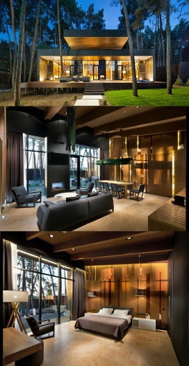 波尔塔瓦地区-完全融入了松树林的Chalet 140平方米酒店室内设计-建筑物位于所谓的螺旋基座上，这种建筑帮助森林里安置小木屋，不伤害树木或损害他们的根系