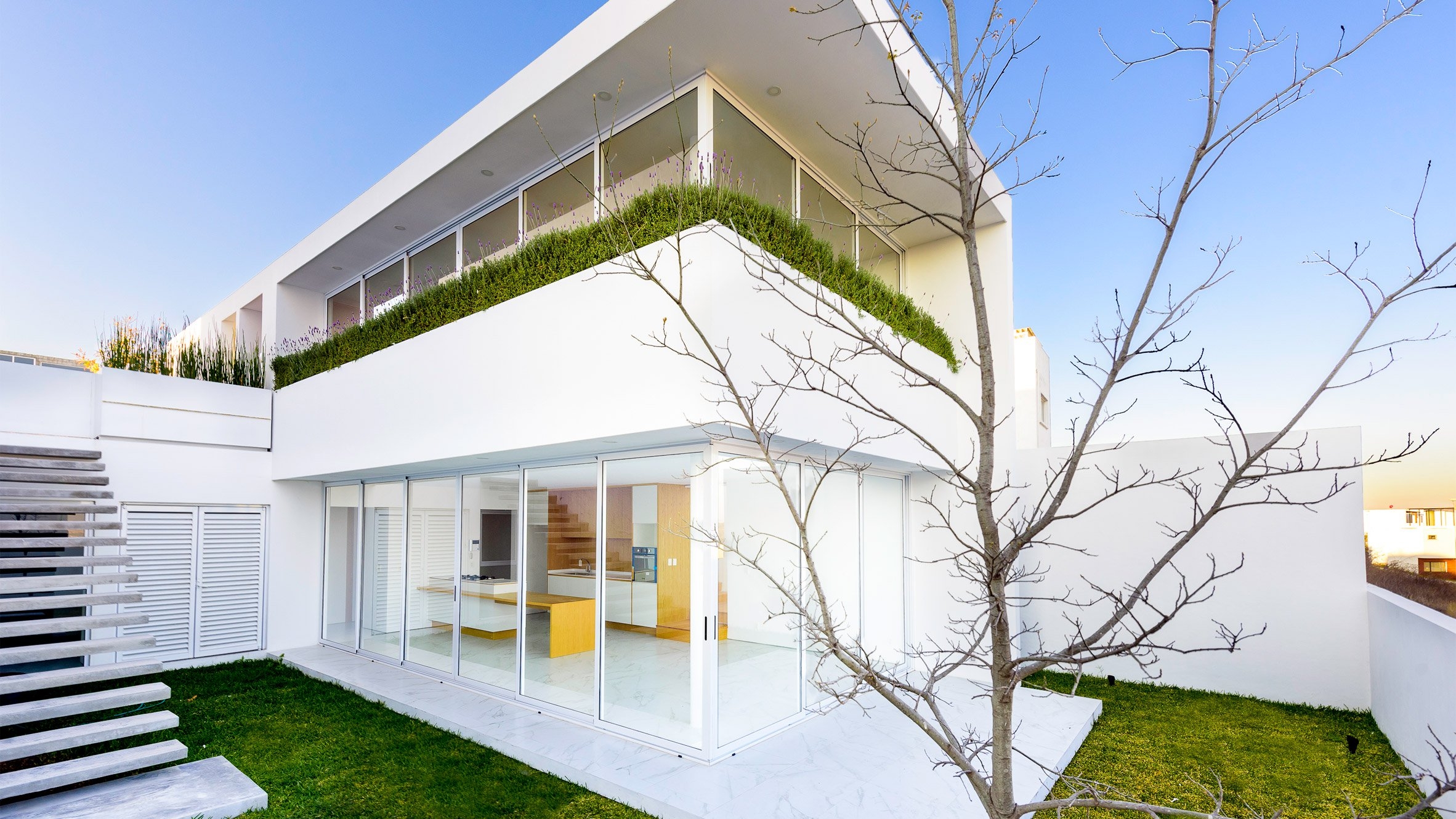 墨西哥一个白色山坡上的房子-可以不出远门在家看薰衣草灌木丛和翠绿的花园图片