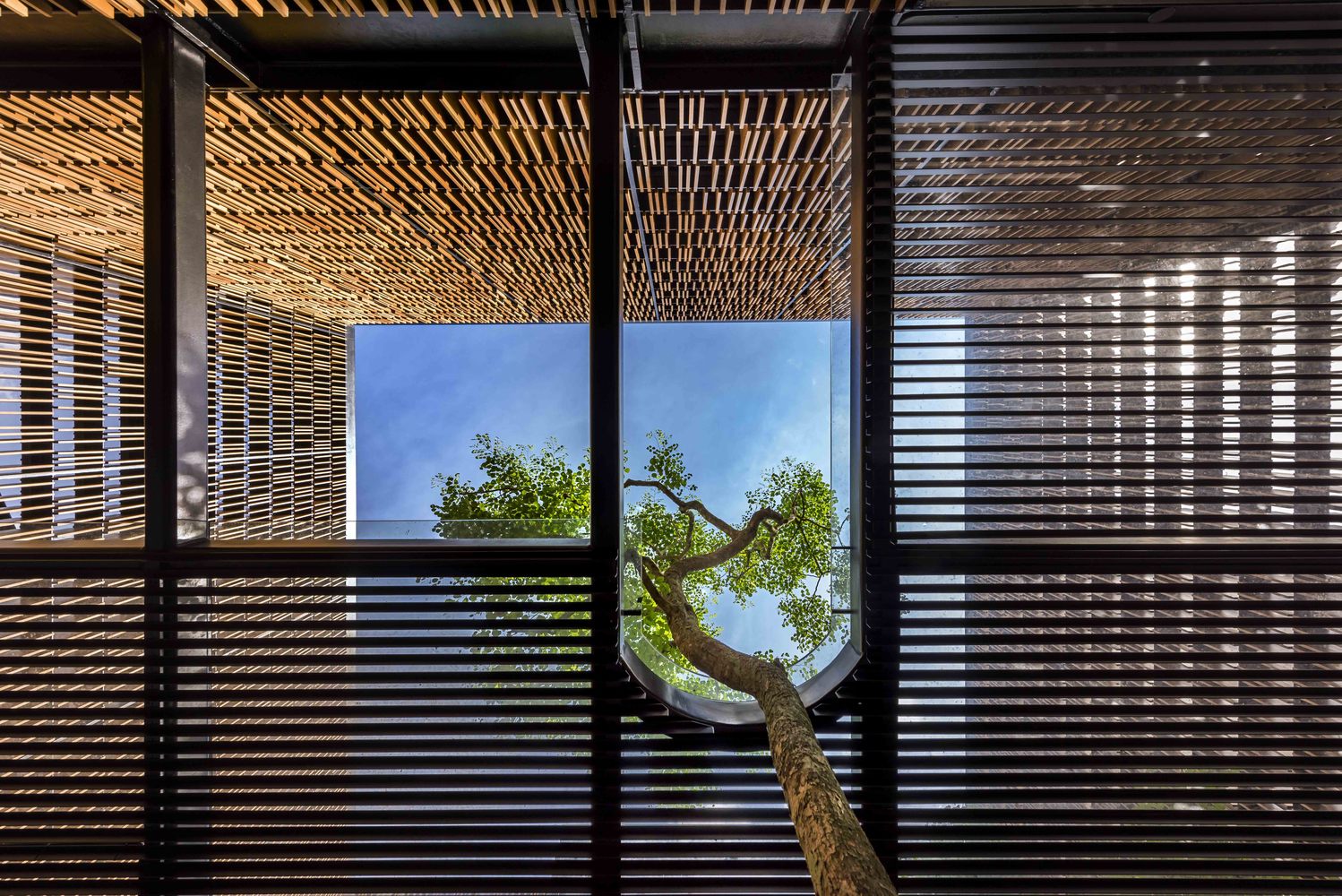 因此,我们让建筑背离主要道路和附近住宅,使起居空间面向远处茂盛的绿化。最终的体量由两个体块组成。两者组合之后在一层形成了一个 V 字型的露台,它成为平时娱乐活动的据点,拥有从周围的绿化中借来的景观。