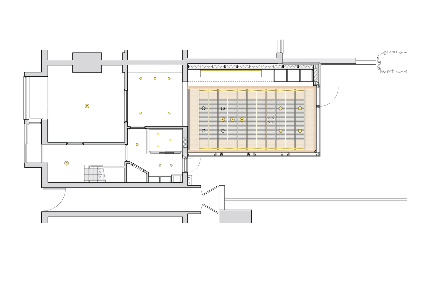 由于施工预算的限制,焦木的制作需要由施工方现场操作。现场施工恰好能带来木材所需的粗糙感,这种不羁的触感更能体现大自然的木质纹理和光泽。