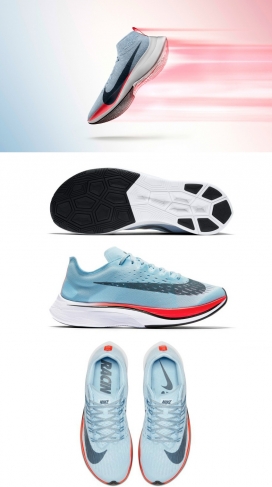 NIKE空气动力鞋-耐克公司设计的“速度最快的鞋”打破两个小时的马拉松式屏障，超轻巧，仅为185克，并具有鲜明的脚后跟指向向上就像一艘船的船头