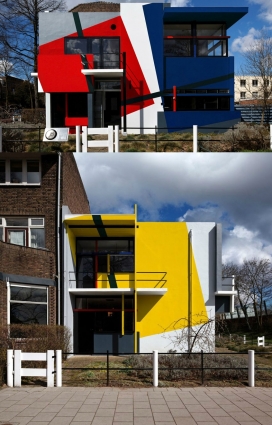 比利时摄影师Xavier Delory创造的虚构墙画图像-标志着荷兰艺术运动De Stijl诞辰100周年，艺术家与设计师和建筑师团体根据严格的水平几何形状绘制了大胆的五彩抽象作品