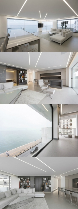 希腊塞萨洛尼基浮动的公寓-浮动公寓的内部相当简约，中性调色板，隐藏的线性照明和简单的矩形形状，十分清爽简洁