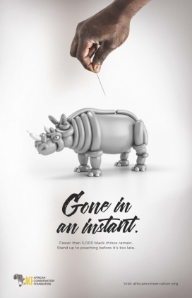 世界上目前只有5000只黑犀牛，偷猎之前为时已晚， 即将消失在瞬间-African Conservation非洲野生动物保护公益平面广告