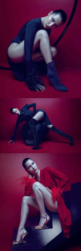贝拉・哈迪德-2017年美诱时尚秋季运动造型-红黑天鹅绒外表，耀眼十足