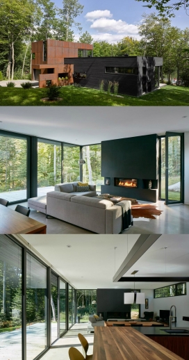 加拿大的湖边深色木材和生锈的金属房子-一个现代明亮和开放的房子