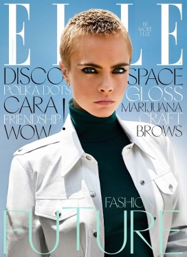 卡拉・迪瓦伊-英国Elle杂志2017年9月的封面-卡拉穿了一件羊毛外套和毛衣搭配牛仔，展示冷静的态度