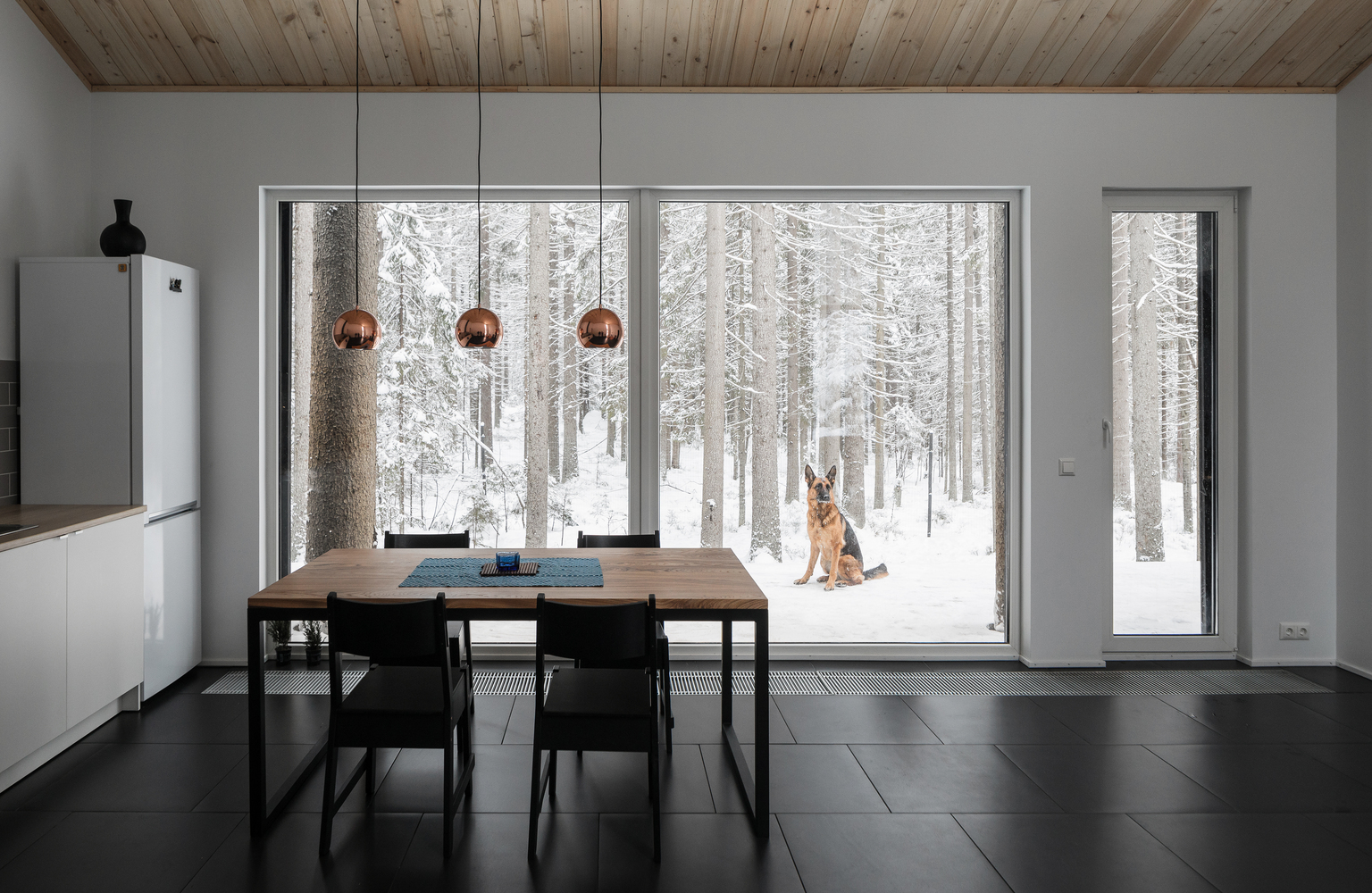 为了契合地形坡度,工作室到卧室的地面设置了高差,而屋顶的高度是固定不变的。屋顶向南倾斜,以便在卧室和工作室里提供北部的夹层。房子的外表皮则为碳化木板。