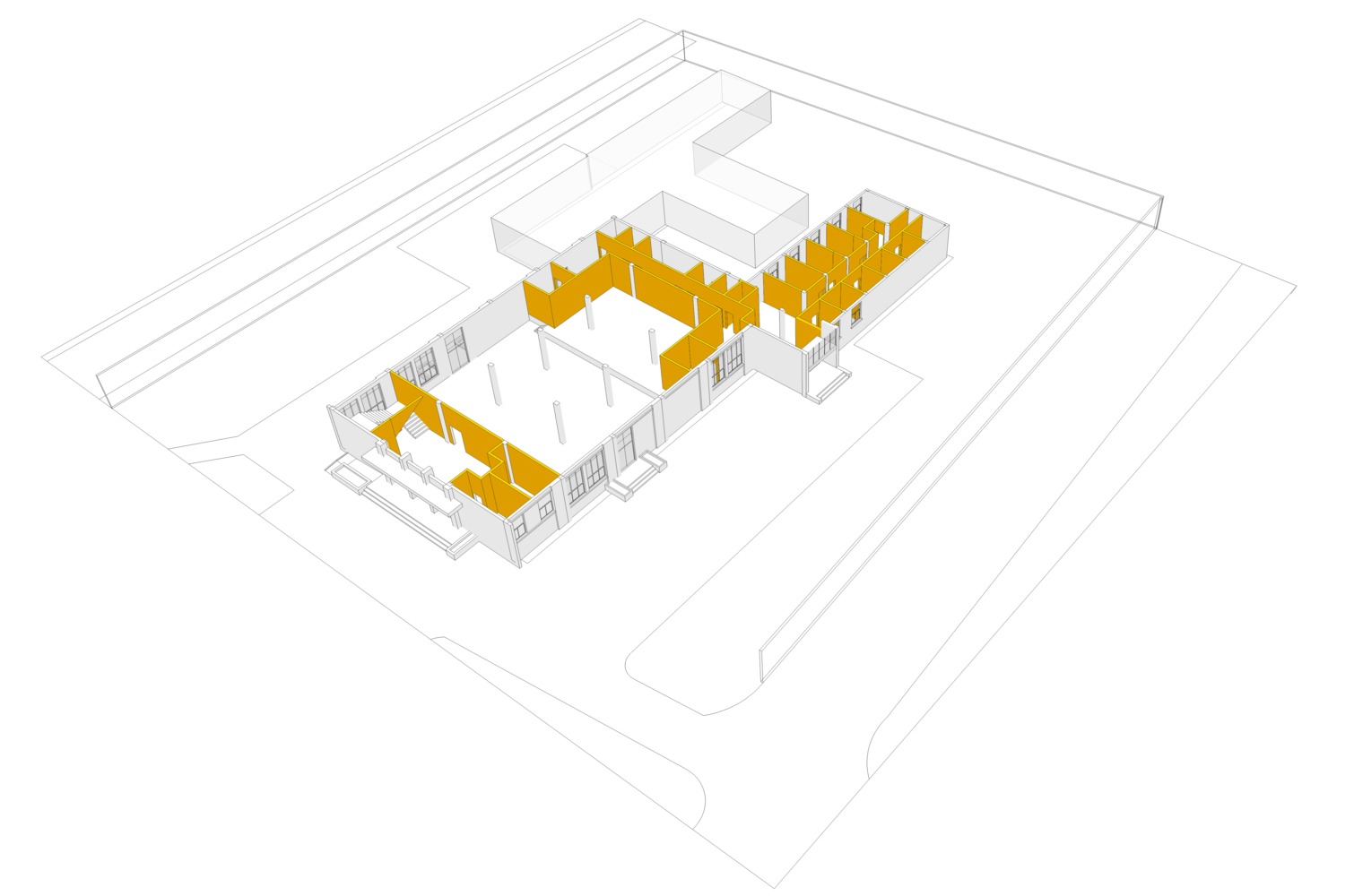 主楼二层现状主要功能为排练厅和活动室,交通流线呈U字型,并有不少没有天然的采光通风的黑房间,基本处于无人使用的废弃状态。我们将原本的南向的外走廊改为内廊,结合门厅的挑空空间,形成相对紧凑合理,又开放通透的内部交通空间。走道的内置,留出了最佳的南向朝向,可以尽可能多地布置排练厅和活动室等功能用房。由于建筑的北侧近邻城市道路,政通路的行道树是两排高耸的水杉,从二层的室内望出去,是一道极美的风景线,因此我们在北侧设置了阳台和出挑的露台,作为观景的空间场所。