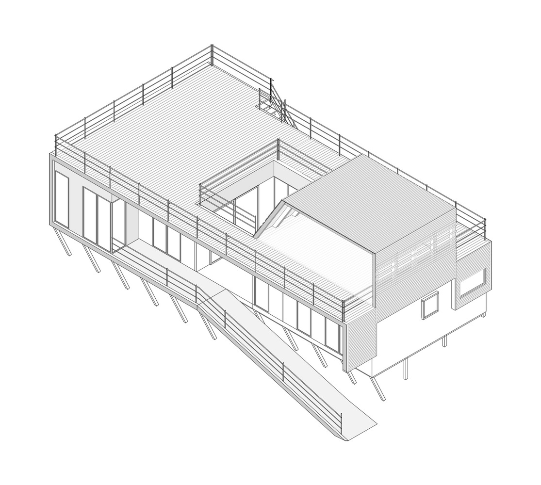 在炎热的季节,折叠产生的屋檐保护着房子免遭过多辐射的侵扰,使坐拥独特视野的主观景点不受过热影响。该策略还结合了双通风的木质立面的使用――它们既位于墙壁也出现在屋顶上。这避免了外墙接受过度的阳光直射。最后,南面与北面的窗户,以及阴凉处的中央天井相互对应,有利于交叉通风和保持室内的舒适温度