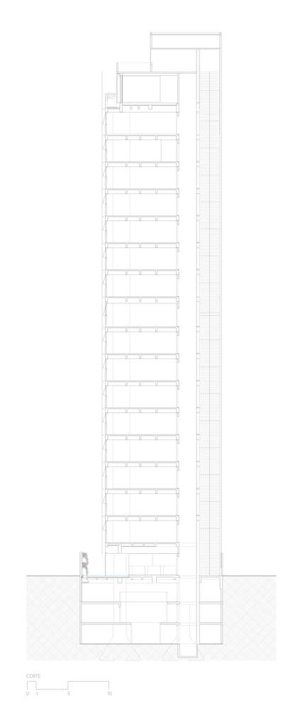 新建筑中纳入阳台的提案唤起了对建筑环境的思考。底层的镜面水池从入口延伸到会议室。它的尽头是放置咖啡桌椅的空间以及一个舒适的起居室