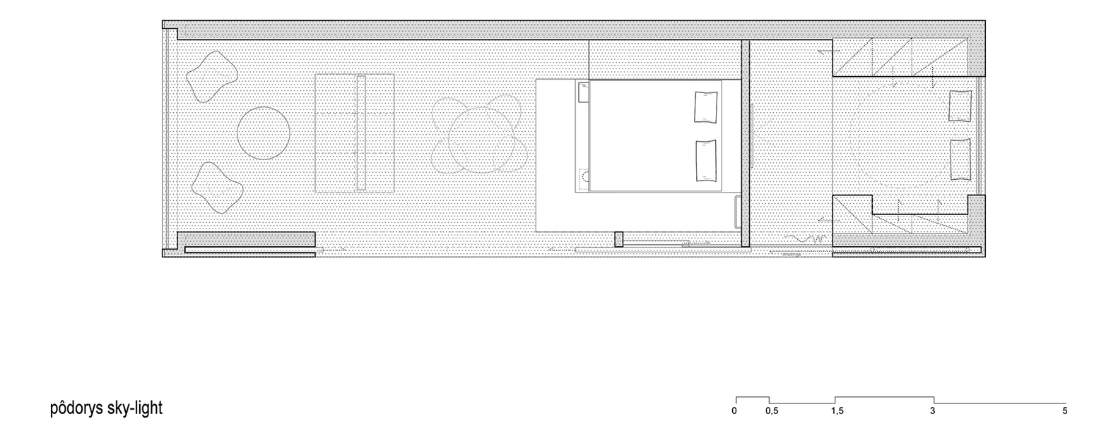 屋顶上方的组件将更多的阳光引入室内。黑匣子的左边部分用作厨房和休息区,背后是淋浴间和窗边的洗手台。浴室旁边是大床和按摩浴缸。上方的组件也是另一个卧室,可以轻易地变成放松区域。