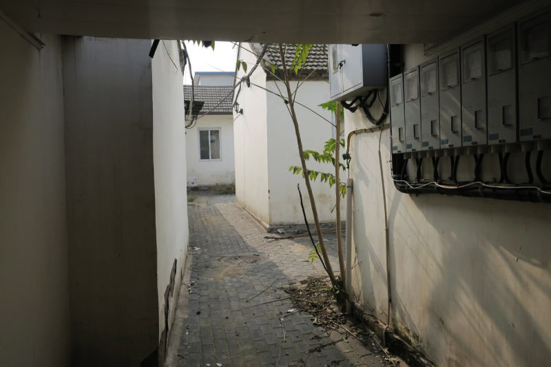 由主巷道继续南行,经咖啡/餐茶空间,入餐厅,见高窗外有人谈笑,才知屋上有亭台;主巷道顶板与邻墙逐渐脱开,“阳光缝隙”斜向渐变为窄长的线型竹林,沿巷道继续前行,步入后面的小小公共庭园,见院中矮松与墙后竹林相映成画,却不知院中沟渠伸向墙后何方;见院内有混凝土台座,变化作阶梯状,方知由此入亭台,可以拾级而上,至抬升在庭院上方的亭楼平台;或在亭中小憩,或在亭外平台远眺