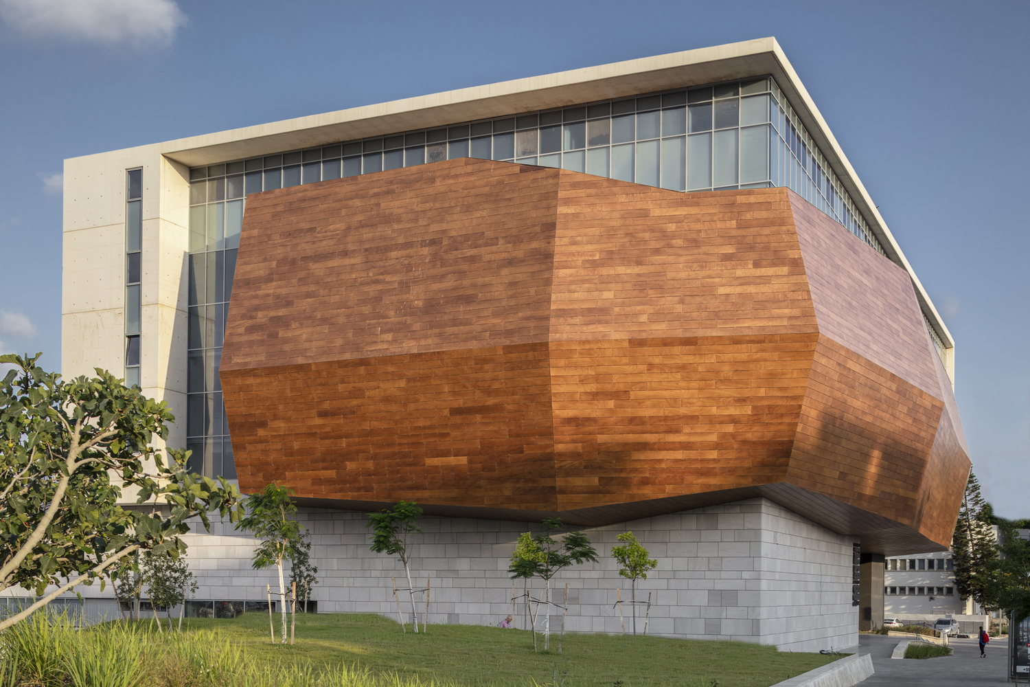 博物馆位于特拉维夫大学植物园的入口处。设计特意开辟了一个新的入口便于参观者将花园与博物馆结合起来参观。建筑部分底层架空,仿佛漂浮于地面上。架空空间的入口广场设计结合草地铺装,将人们的视线从街道上透过架空空间引向另一侧的花园景致