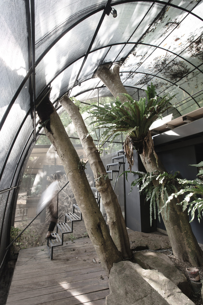 网室空间形成了山间的阈空间,在此可以享受完全独立的私密空间,也可以地将自己完全暴露在环境中。人与建筑之间的关系变得不再单一,脱离了任何形式束缚