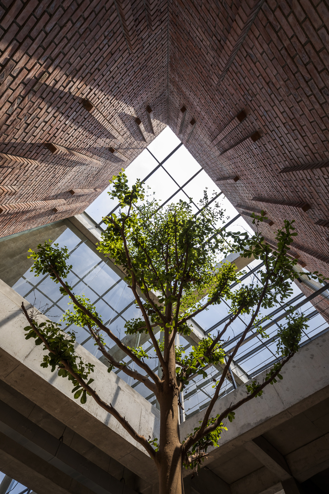 为应对越南热带温带气候区内部低调的需求,设计师充分利用泥土材料的特点,借助强烈的光线大大增强调色板材料的饱和度。不论是真空脱水地板、砖墙还是原料金属,光线都能透过它们反射出来。