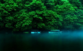 高清晰绿色日本本州岛湖边的船