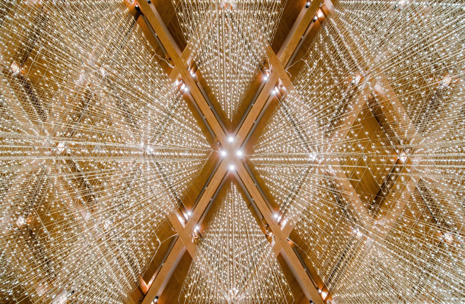 3.7米X2.3米的菱形木格构空间有强烈的序列感,游走于该空间的人们并不会收到混乱的视觉冲击,反而给人一种震撼心灵的波动。功能及流线与建筑结构本身形成良性互动,胶合木构件弱化了空间的空旷感,并增加了空间的层次感与写意性。