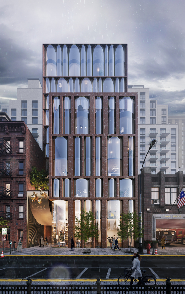 Archimatika 为曼哈顿设计了一个现代高层住宅概念方案。 “蜗牛”住宅方案提供典型曼哈顿住宅中往往缺失的各类居住设施,在快节奏的大都市中提倡慢生活。在提出偏离纽约快节奏生活方式的同时,方案在钢框架结构上镶嵌了马赛克混凝土外墙,试图与城市环境融为一体