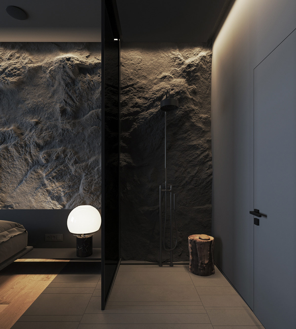 使用灯光和纹理来对黑暗内饰增加质感的公寓设计---酷图编号9