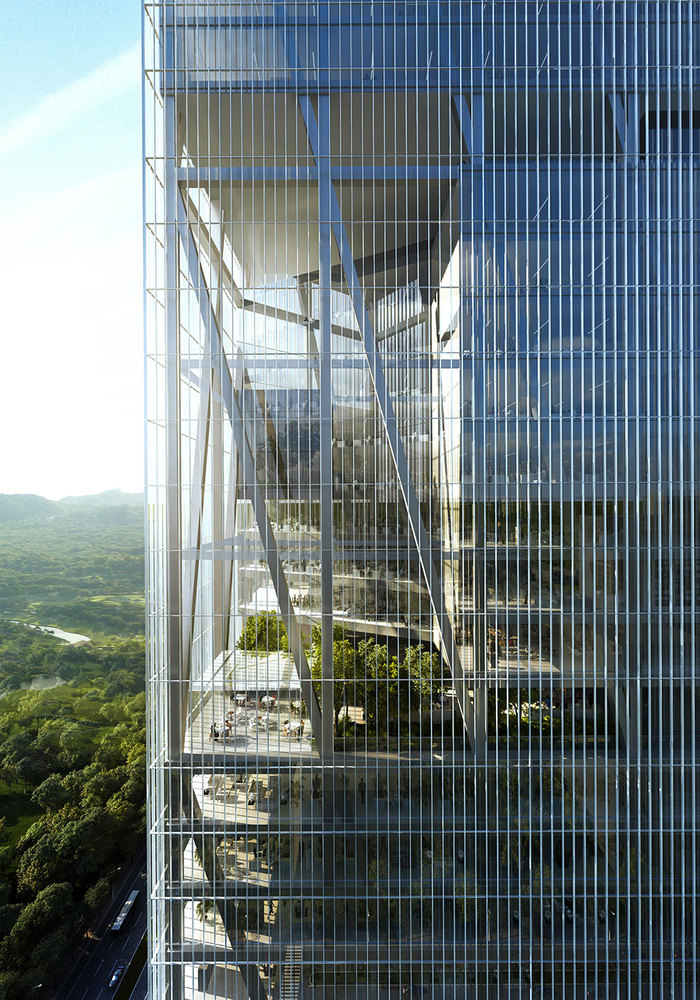 作为建筑结构的补充结构,塔楼的体量采用了可调节的带纹理的瓷砖外墙。这种外墙结构为可持续性发展提供了一个多方面的方法,将自适应遮阳技术与机器人技术和响应式建筑系统相结合。这种外部结构还提供了一种收集水的方法,使该建筑能够通过回收水再次利用为景观和其他可以使用灰水的地方使用。