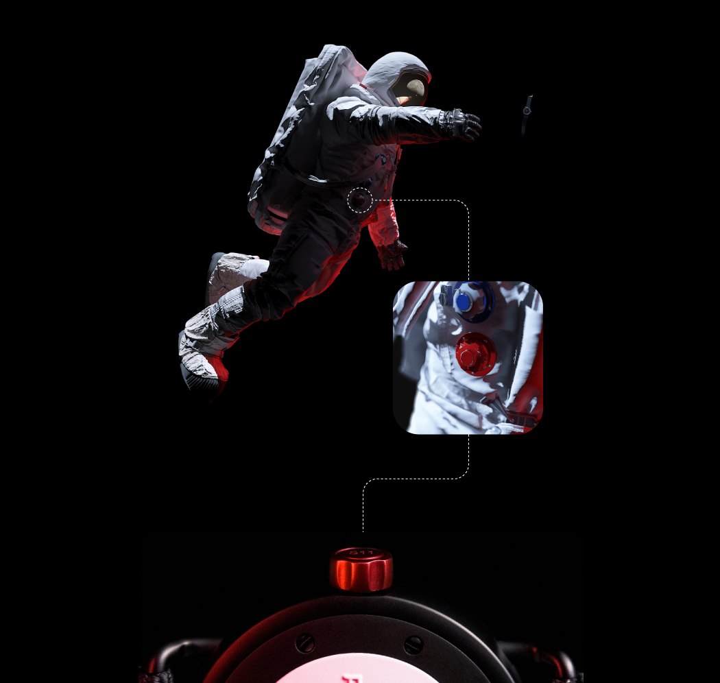 日本精工机芯使秒针具有清扫动作,使其真正看起来像零件,说到外观,手表的表冠也受到了启发。红色六角形表冠直接从Apollo 11太空服的红色氧气阀中汲取灵感,为手表在设计细节上又添了一枚美丽的复活节彩蛋