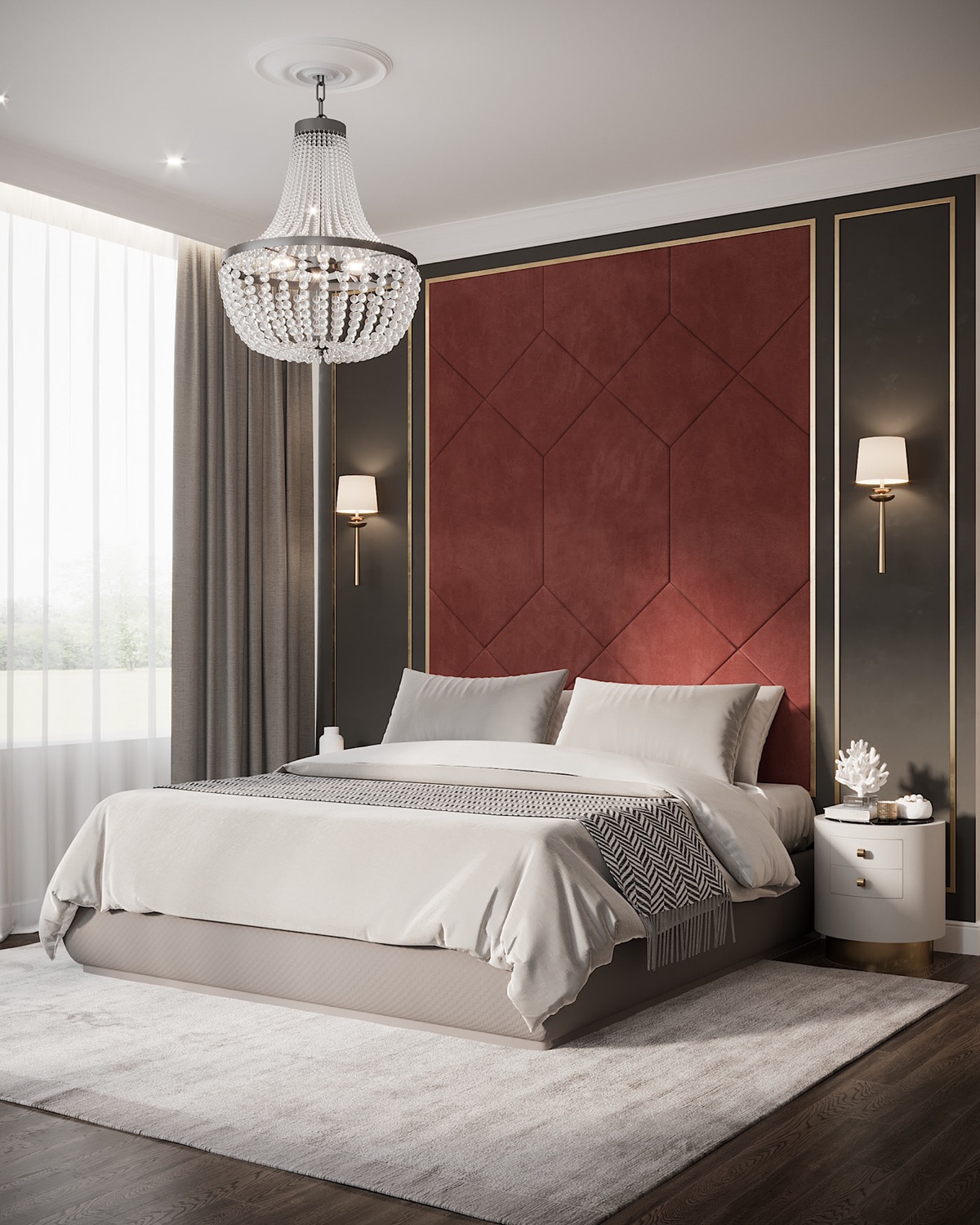 唯美中式风格新婚卧室红色窗帘效果图- 中国风