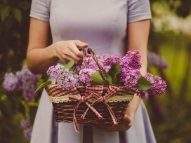 手提装满丁香花篮子的女子