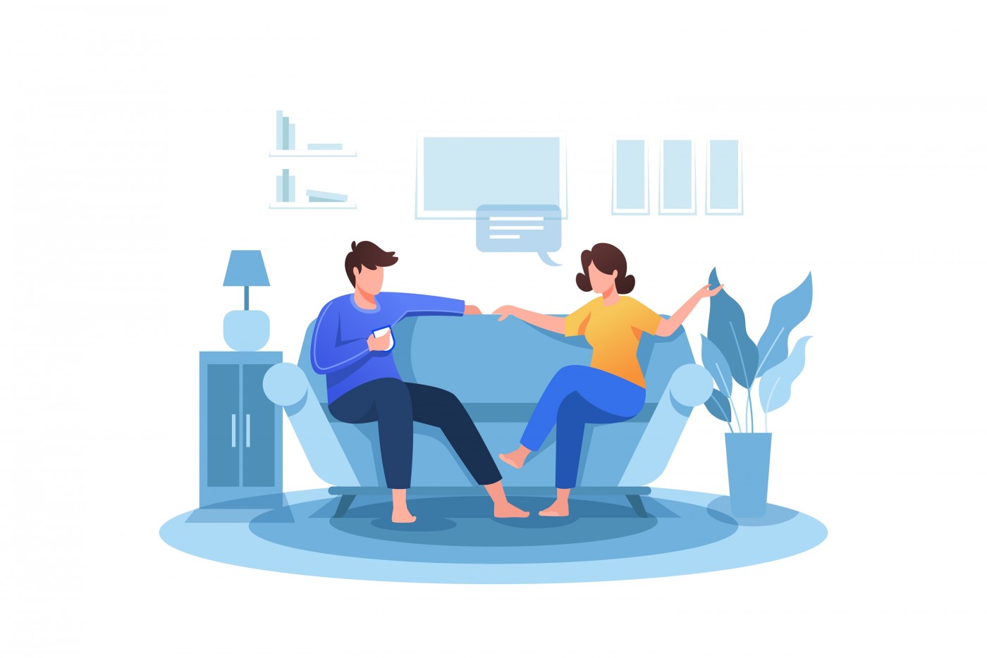 午后喝茶聊天的情侣卡通素材图片