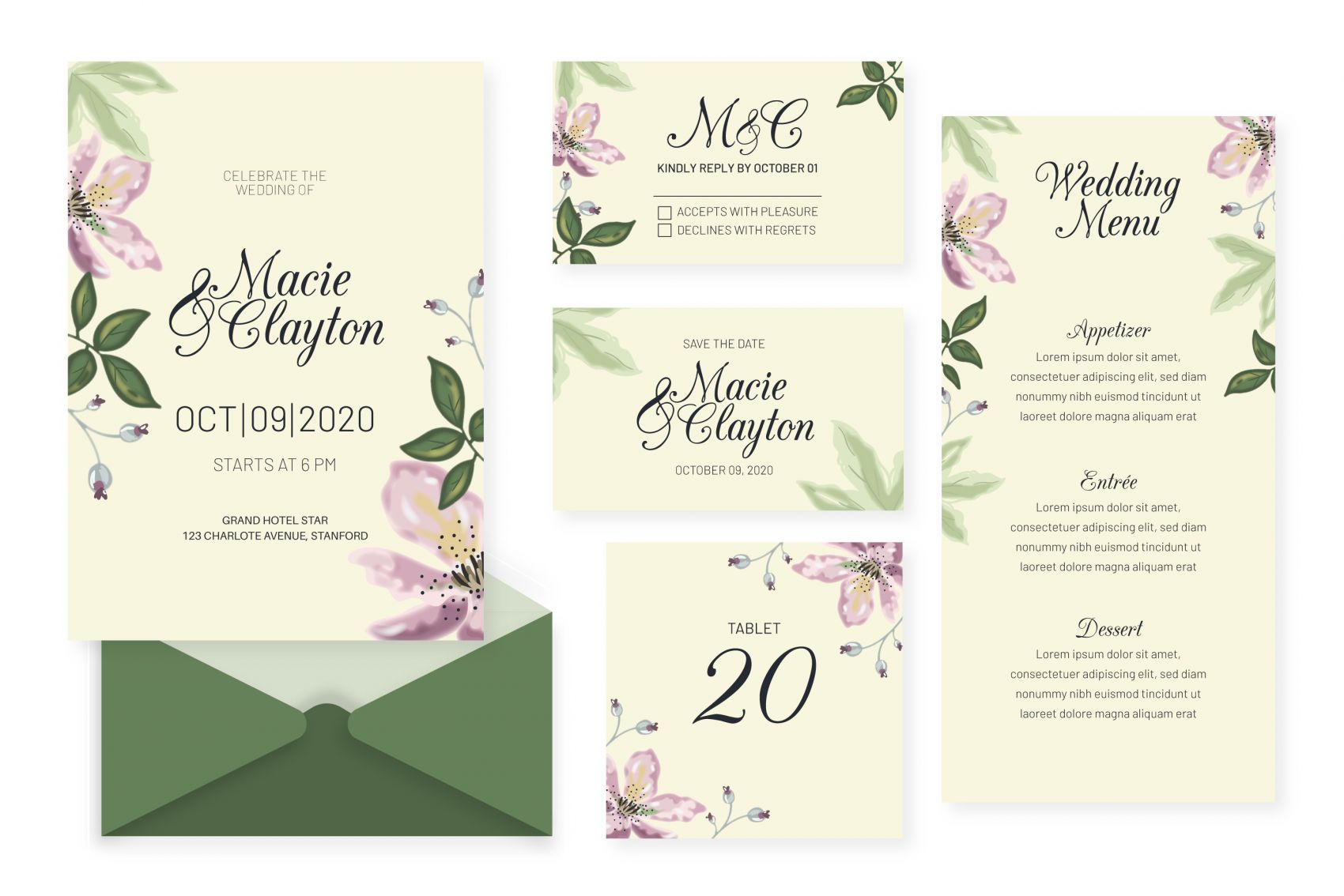 绿色花卉婚礼邮件名片素材图片