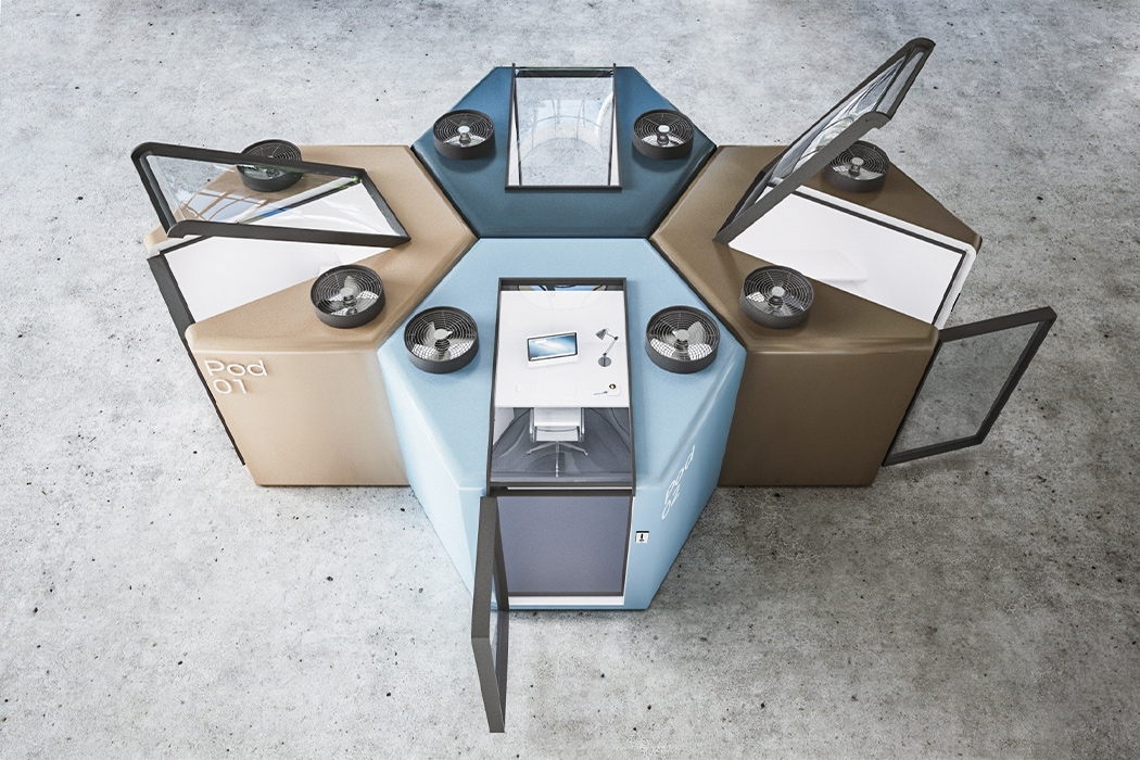 这种概念性的工作舱具有自动无把手丙烯酸门,该门由面部识别控制。它还包括通风风扇和空气净化器,以保持呼吸连续的空气安全。