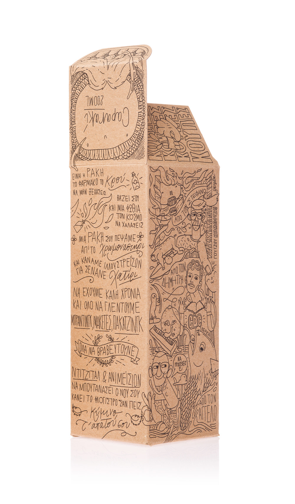 包装盒中包含来自上一年Caparo的幽默和讽刺的内部故事,笑话和项目。每个Caparo成员的卡通肖像都是插图的一部分。盒子的一面有克里特岛“ mantinada”风格的小诗形式的新年祝福,这是一种音乐叙事或对话形式。