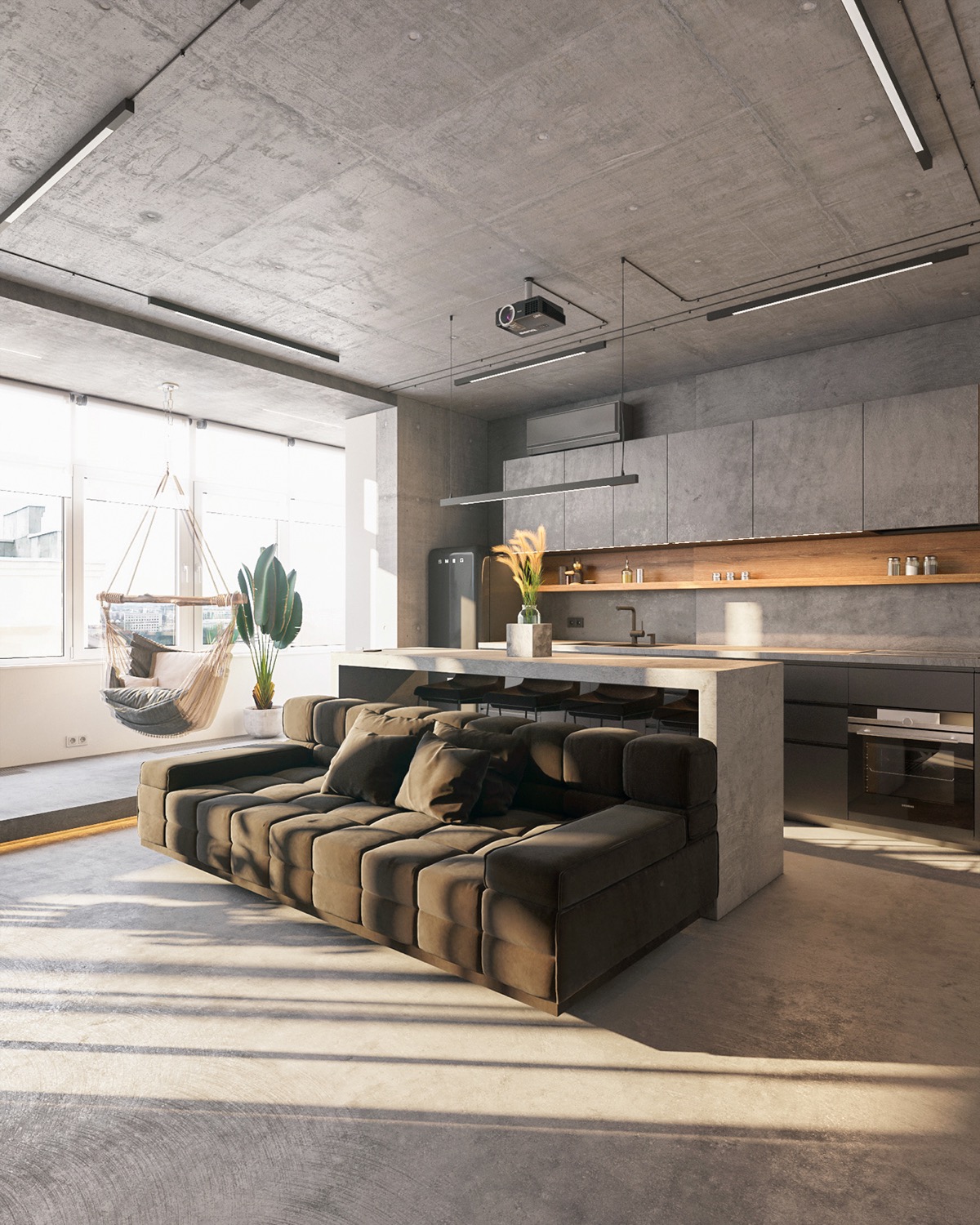 结合玻璃墙房间的混凝土单色内饰---酷图编号1324480