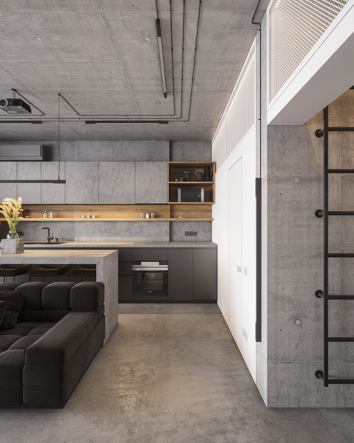 结合玻璃墙房间的混凝土单色内饰---酷图编号1324481