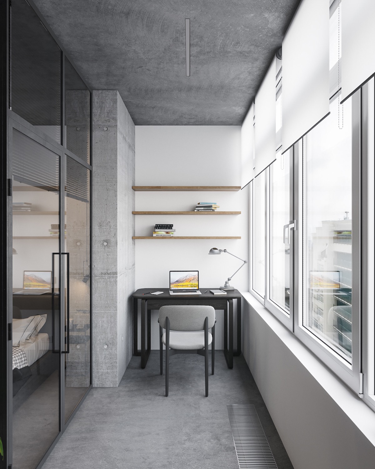 结合玻璃墙房间的混凝土单色内饰---酷图编号1324483