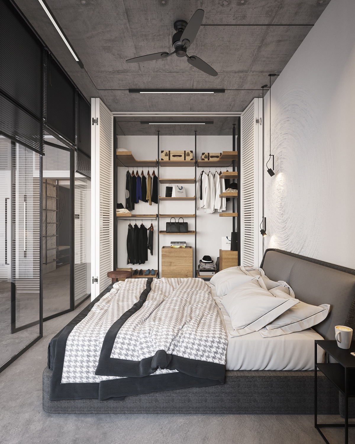 结合玻璃墙房间的混凝土单色内饰---酷图编号1324486