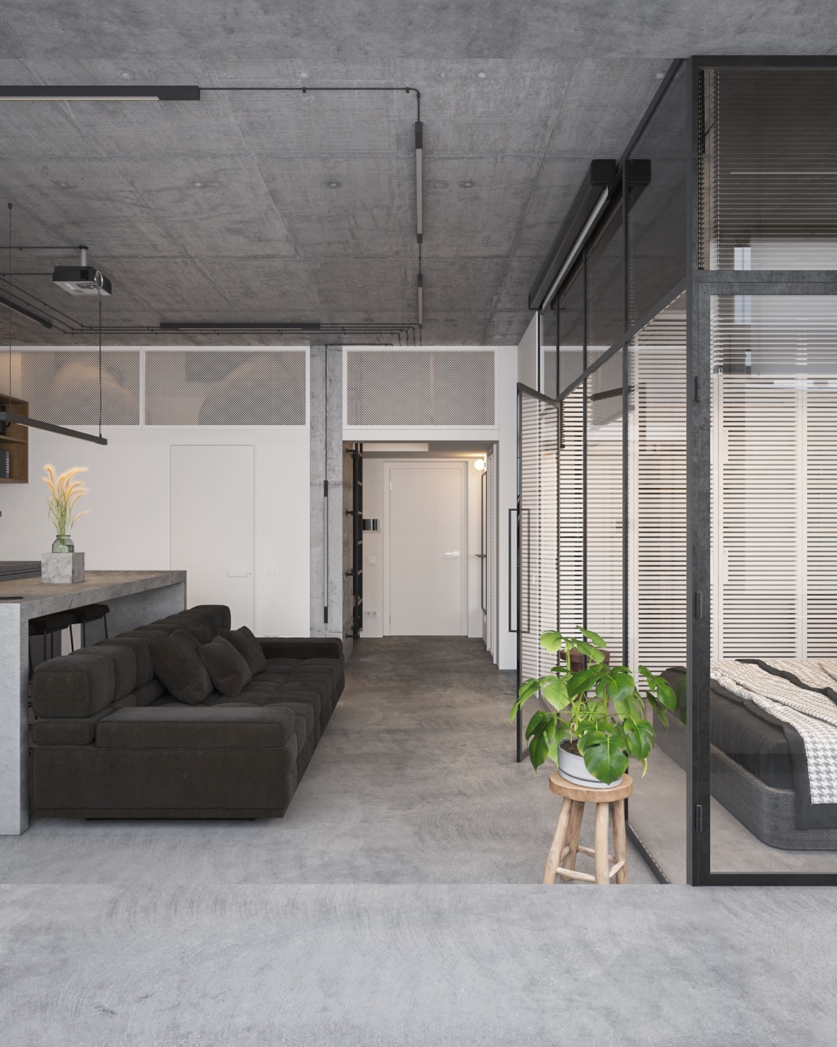 结合玻璃墙房间的混凝土单色内饰---酷图编号1324492