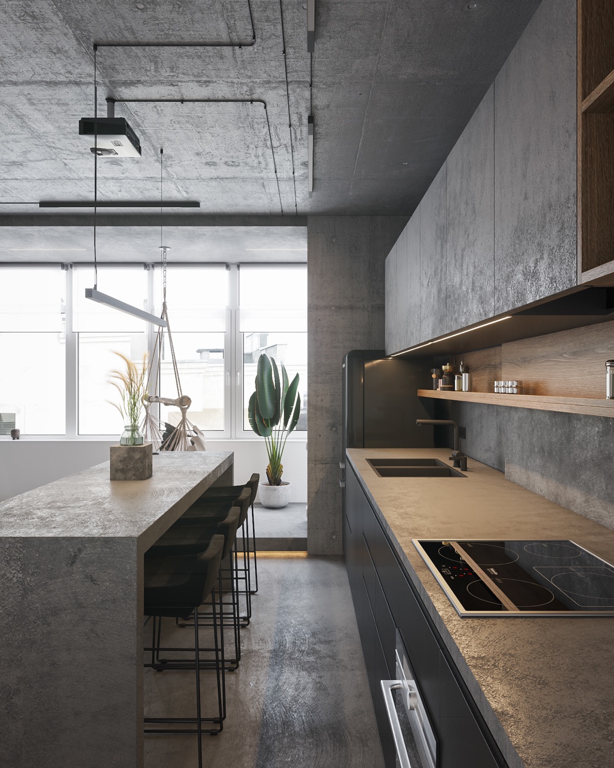 结合玻璃墙房间的混凝土单色内饰---酷图编号1324505