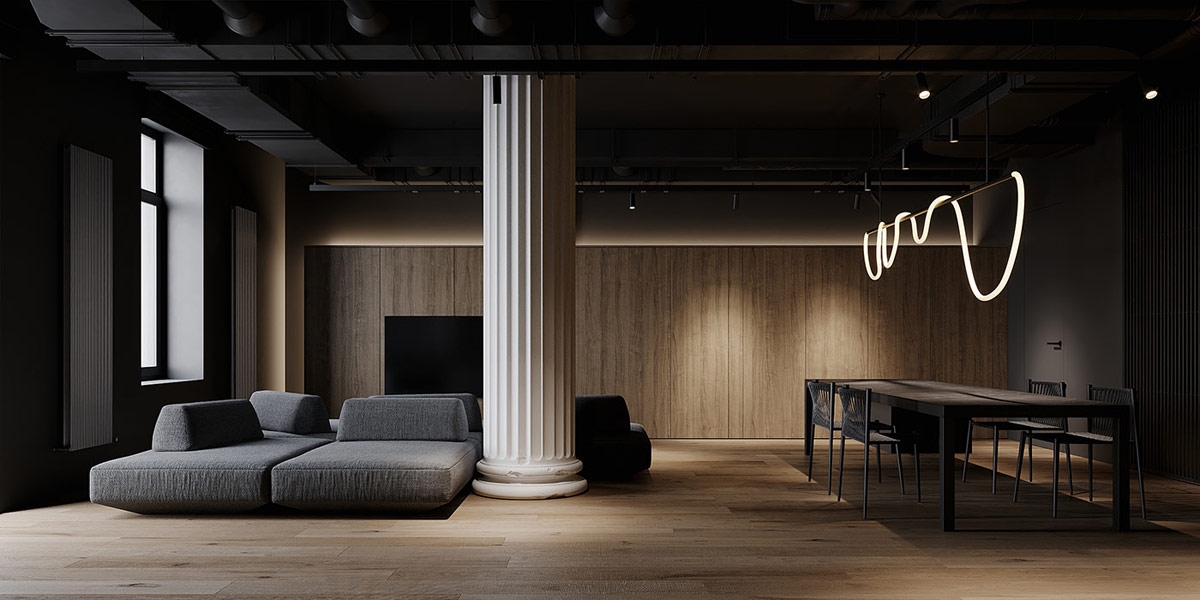 用黑色和灰色装饰塑造的深色光滑室内设计图片