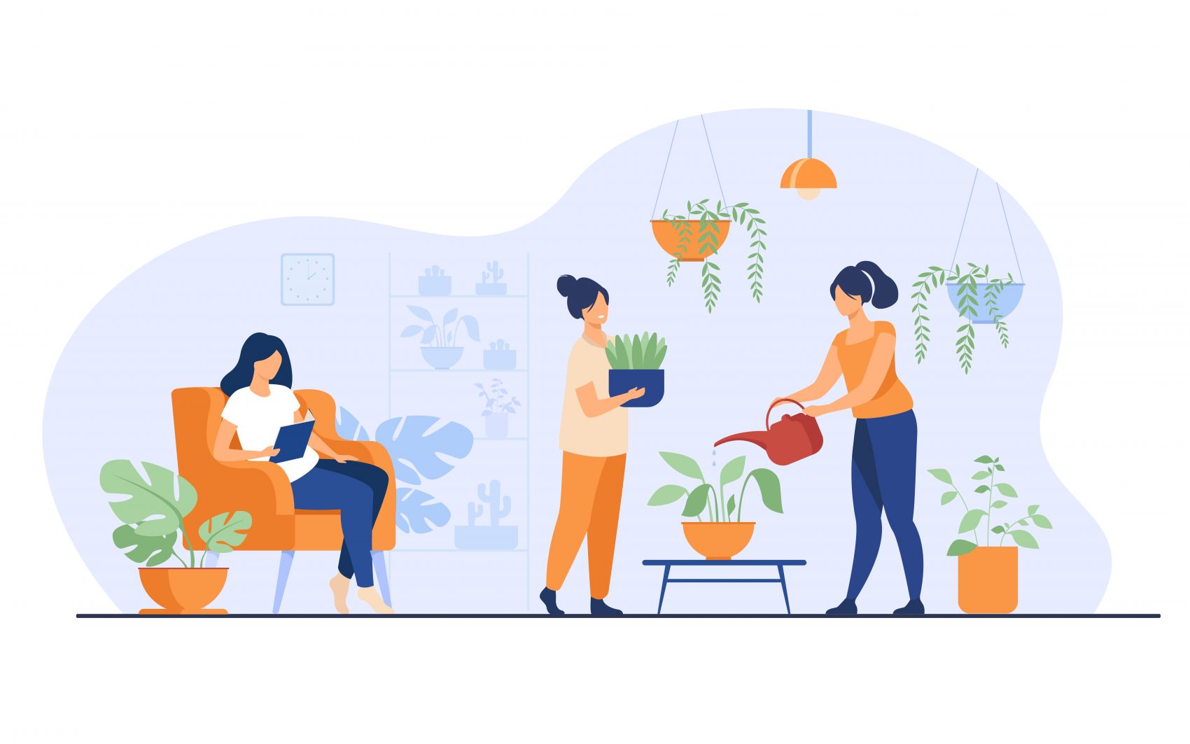 浇花看书的卡通女子图片