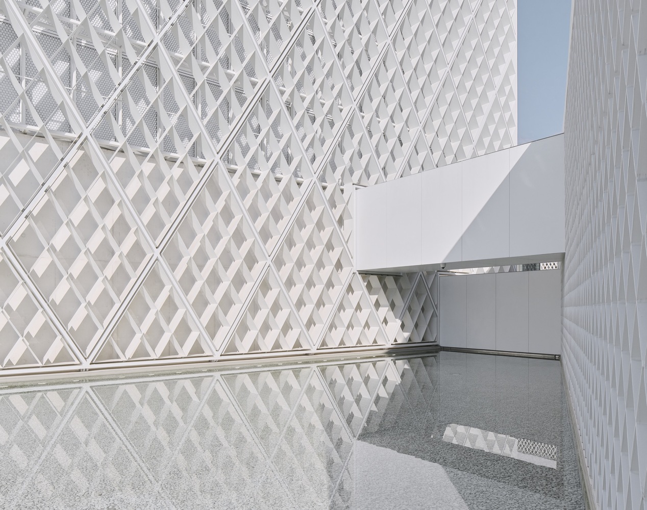 清真寺的中心元素为其穹顶,它并没有封闭空间上部,而是悬挂于建筑内部。穹顶作为历史实例中天空的代表,由最轻薄和脆弱的透明的蓝色纺织品制成,这种材料也在伊斯兰有着悠久而丰富的历史,从克尔白的基斯瓦到可移动的伊朗清真寺帐篷中都有使用。