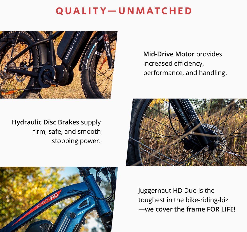 Juggernaut HD Duo以全地形体验为设计理念,配备全覆盖挡泥板,让您在泥泞的道路上保持清洁,背部的储物架可帮助您随身携带装备。这款电动自行车配备了一个集成的100流明的前照灯