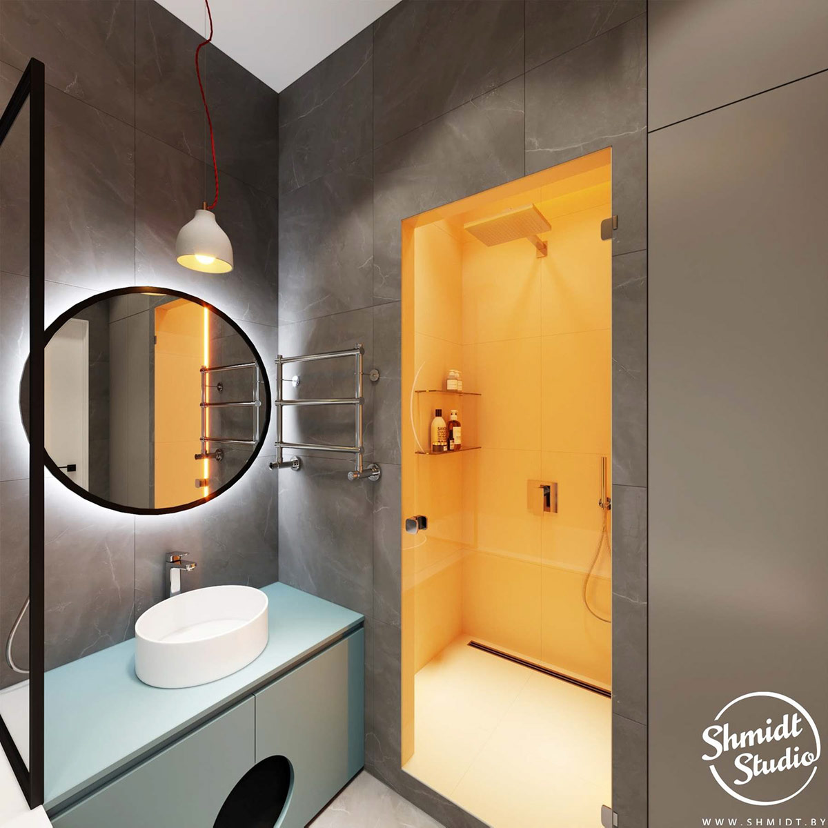 橙色和蓝色装饰的俏皮公寓---酷图编号36