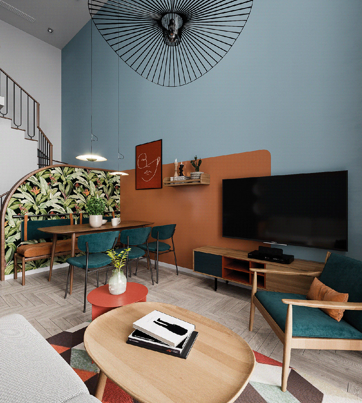 橙色和蓝色装饰的俏皮公寓---酷图编号23